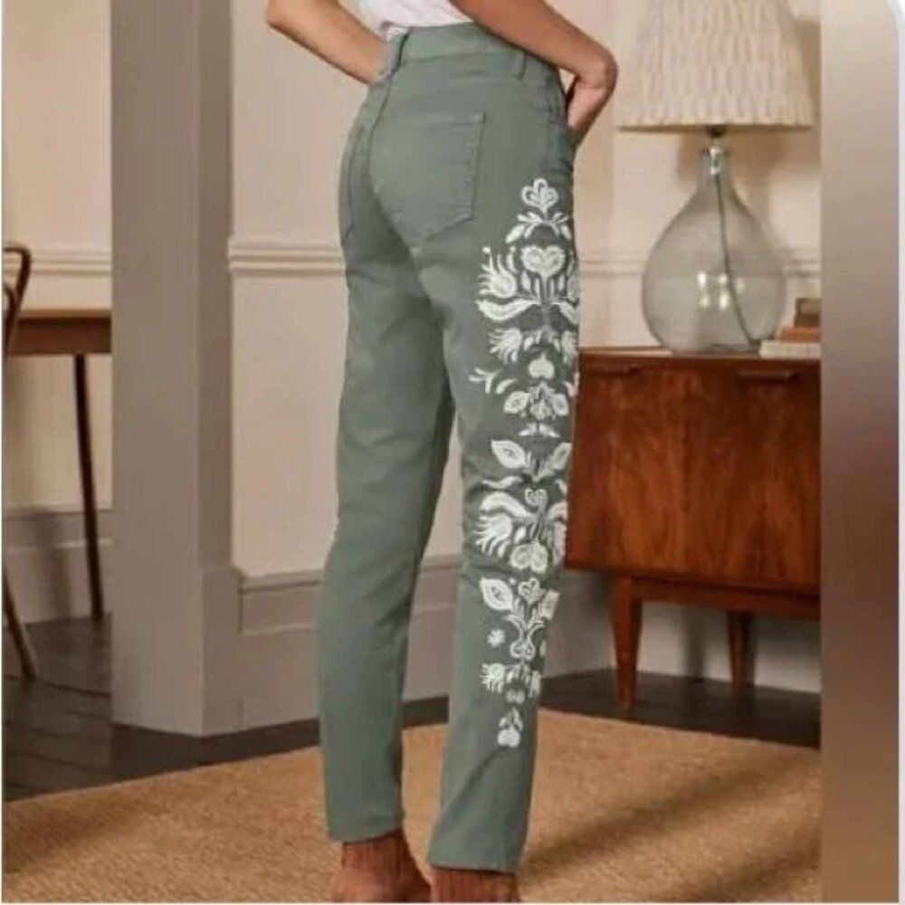 Boden Olive Green Pants with White Floral Side Print